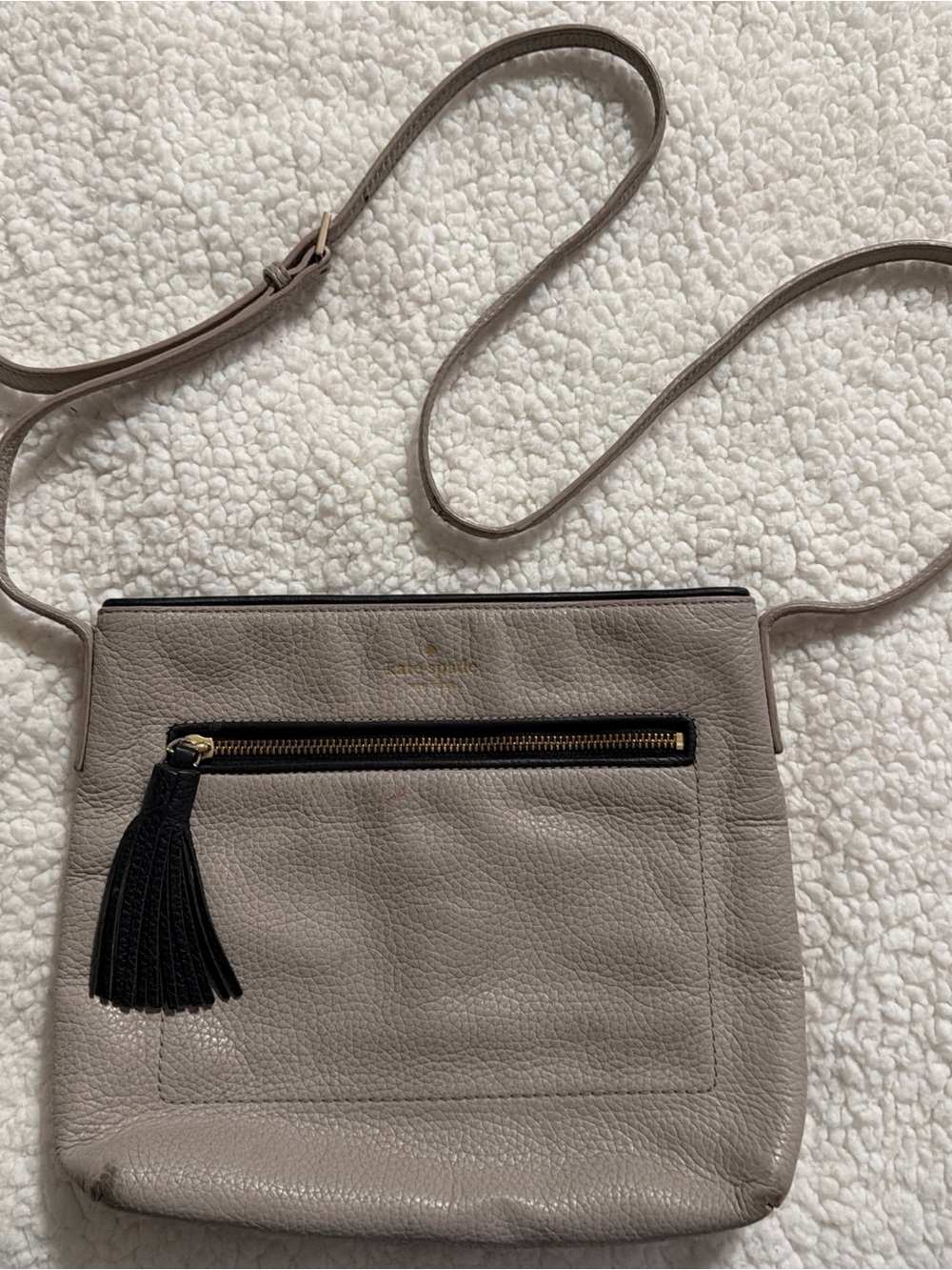 Kate Spade Taupe Leather Crossbody with Black Tassel Accent